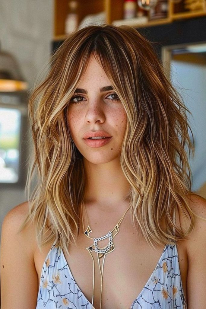 Wet-look wavy shoulder-length layered hairstyle