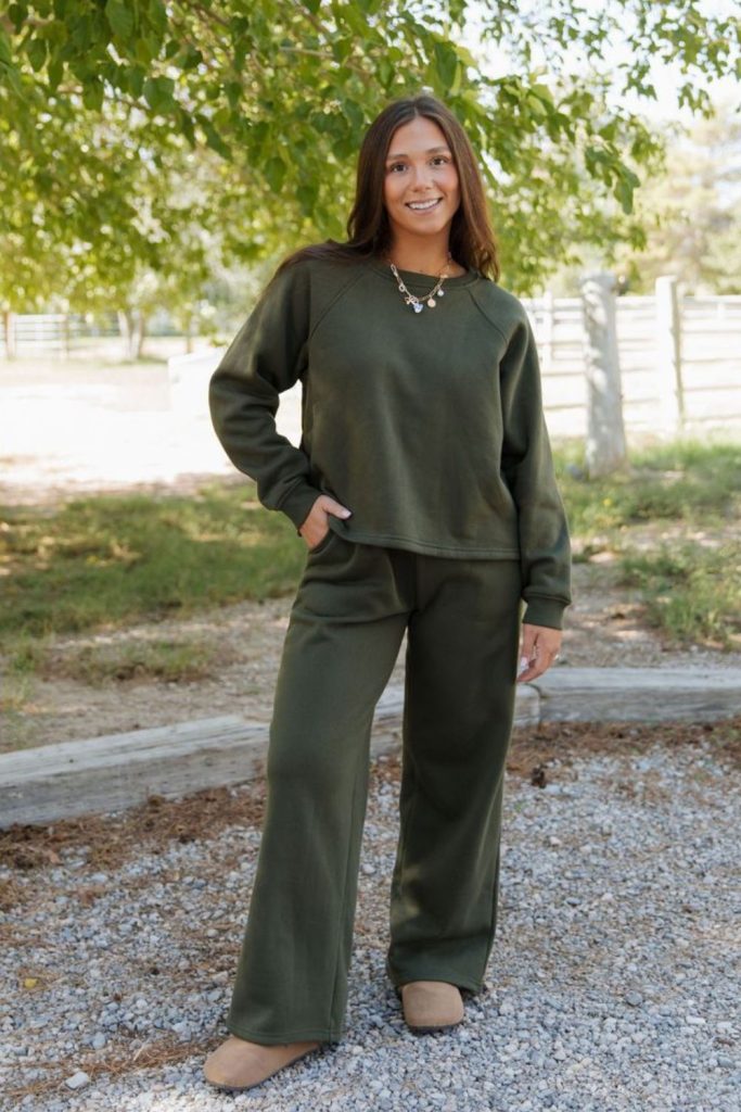 Olive green sweatsuit relaxed daytime wear.