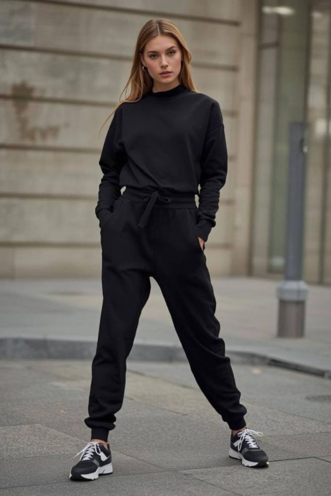 Black sweatsuit sleek everyday comfort.