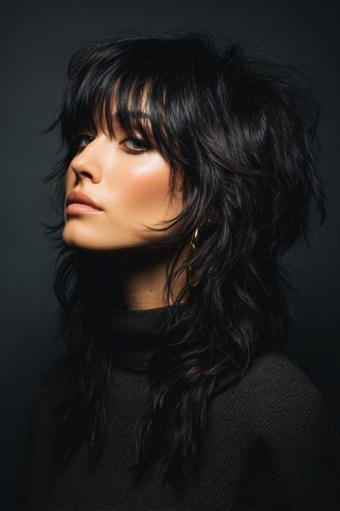 Dark black layered shaggy elegant hairstyle.