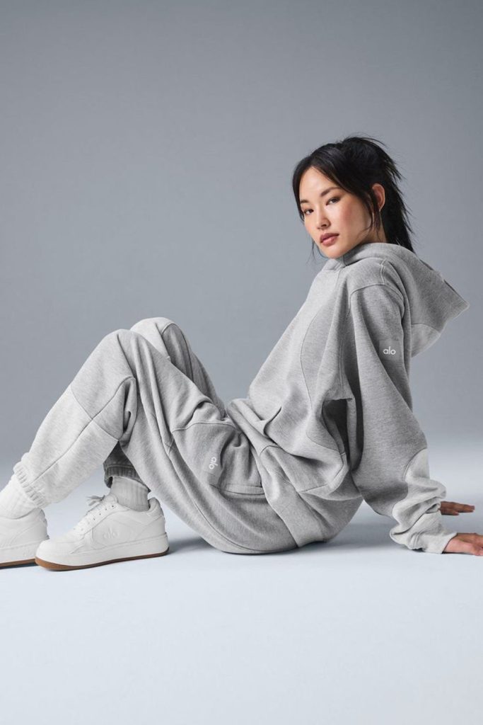 Pearl gray sweatsuit relaxed neutral style.