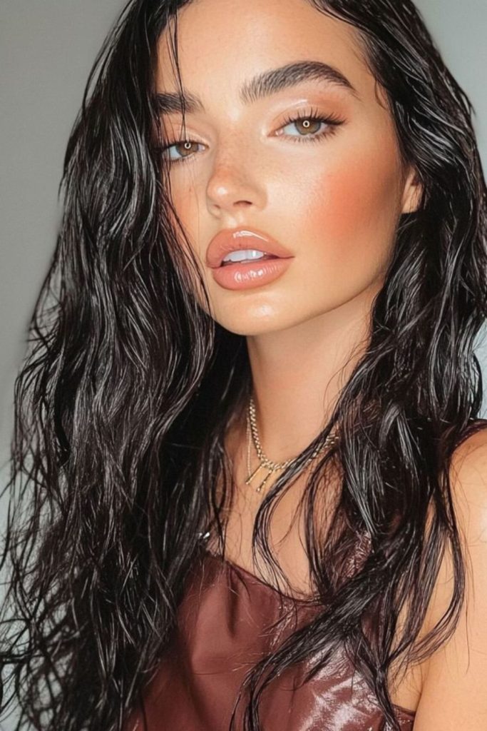 Glossy pitch black wet look wig.