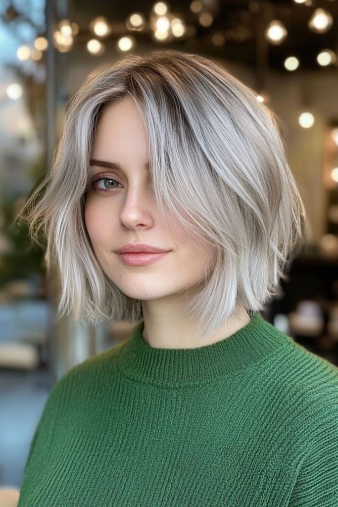 Sharp platinum bob with futuristic edge.