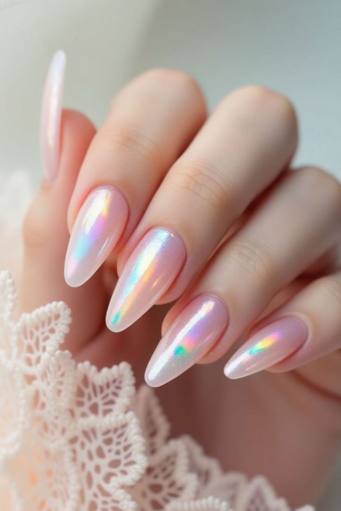 Sheer nails with scattered rainbow glitter