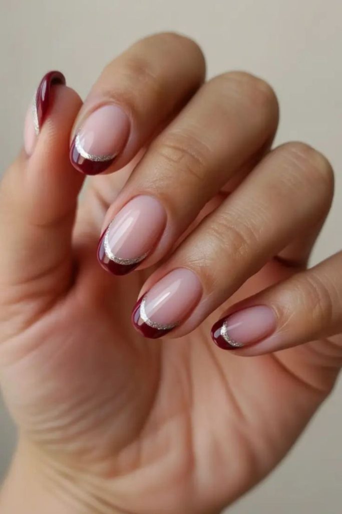 Blush nails with cranberry tips
