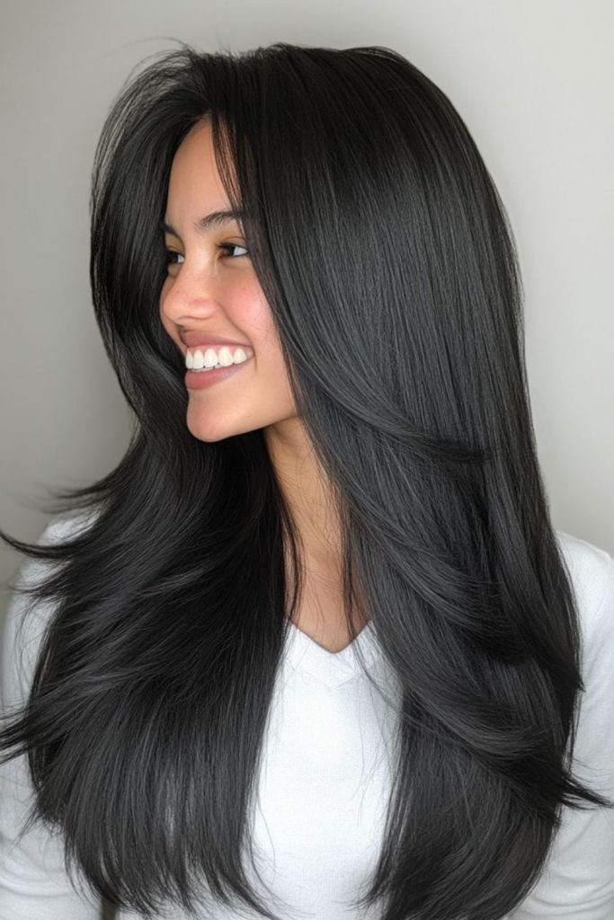 Sleek raven straight black wig.