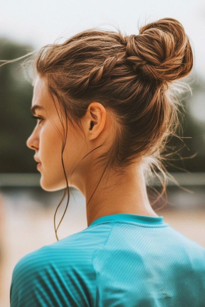 Messy top bun with loose strands.