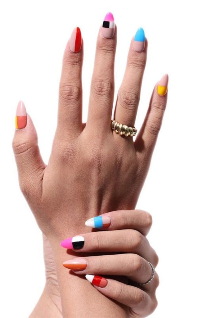 Matte nails with blocky digital patterns