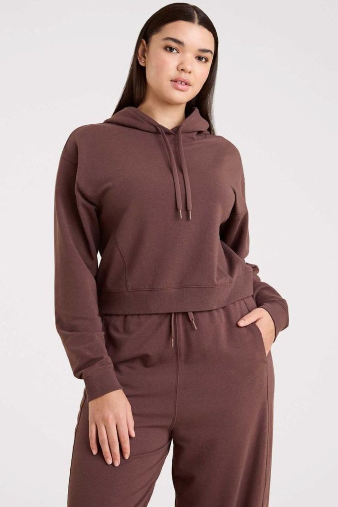 Warm rosewood hoodie with tapered pants