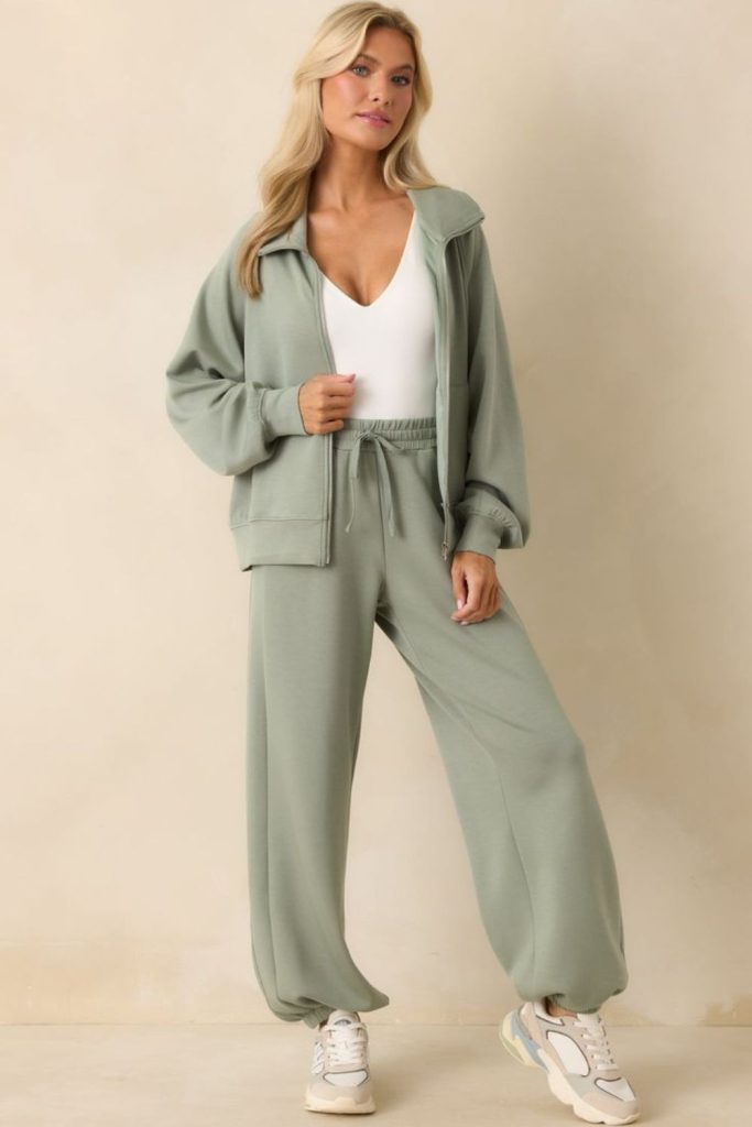 Sage green sweatsuit airy casual style.
