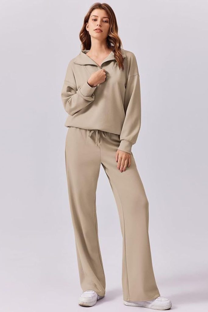 Sandstone sweatsuit neutral lounge comfort.