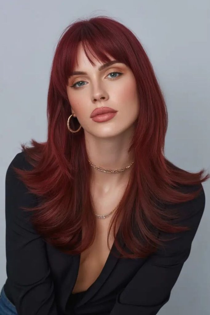 Long curtain bangs with red shine