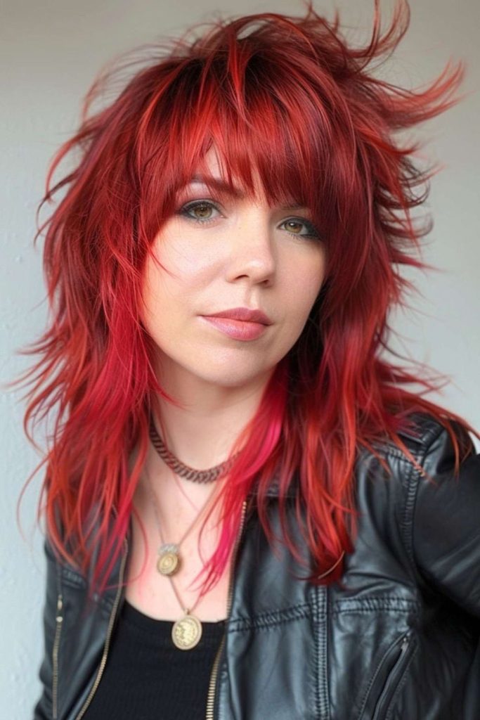 Fiery red jagged layered wolfcut hairstyle.