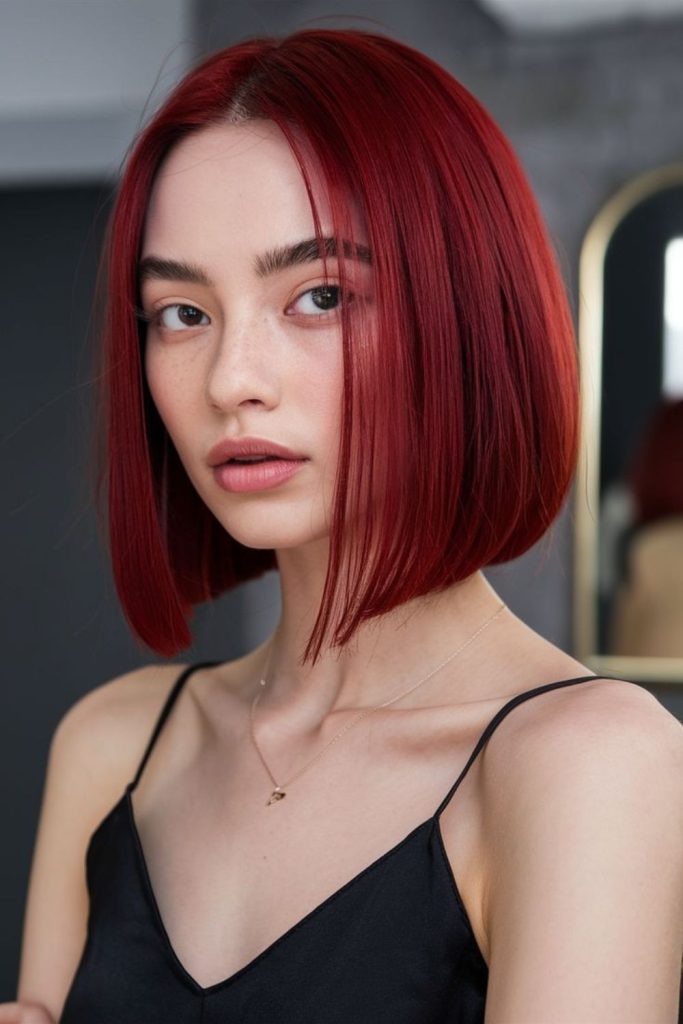 Glossy straight red bob chic elegance