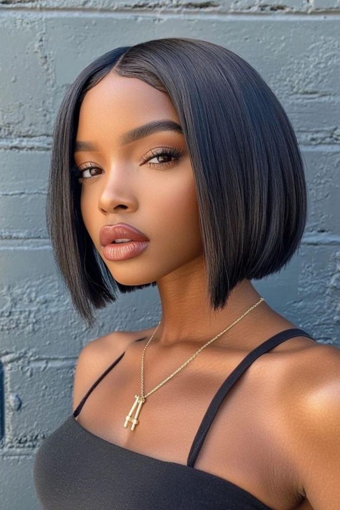 Sharp shadow crown black bob.