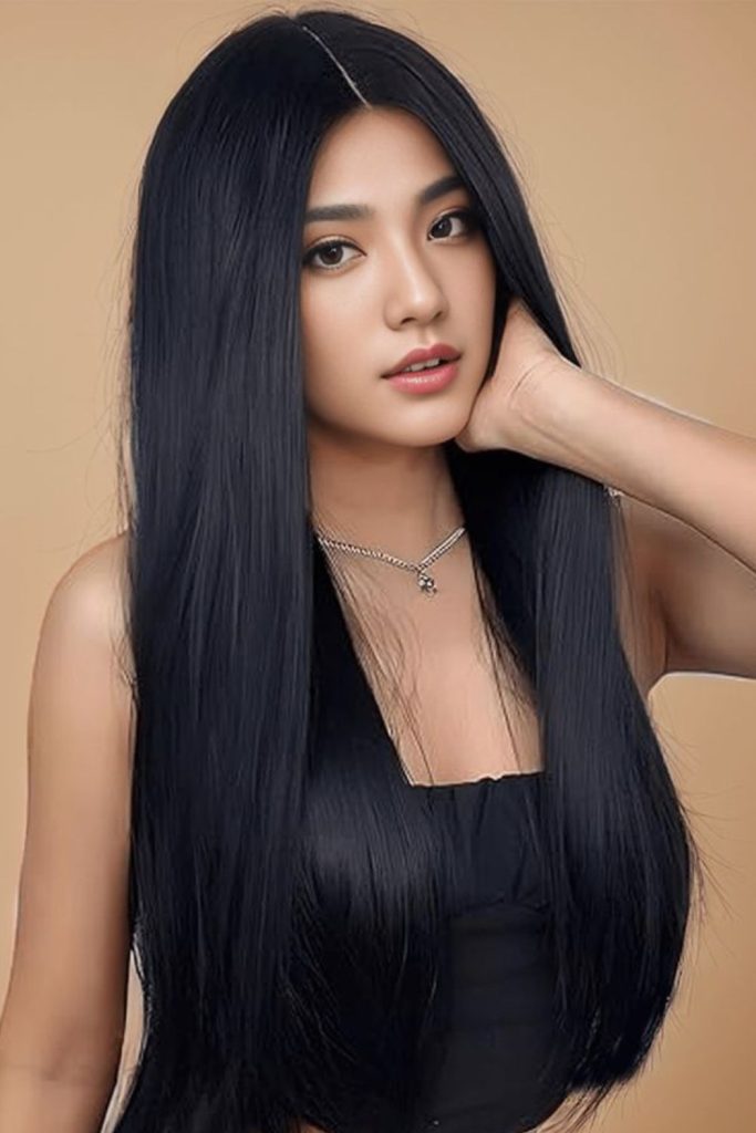 Dark shiny smooth straight strands.