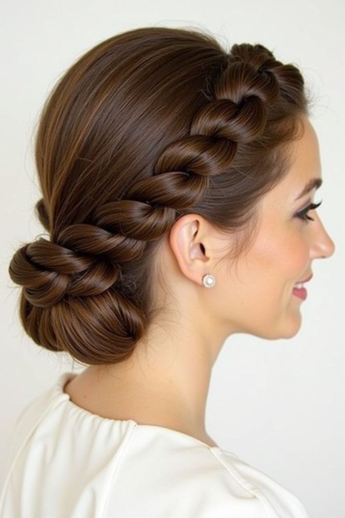 Rope braid curves into halo bun.
