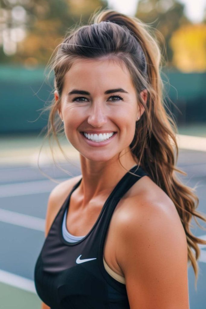 Angled ponytail with twisted knot accent.