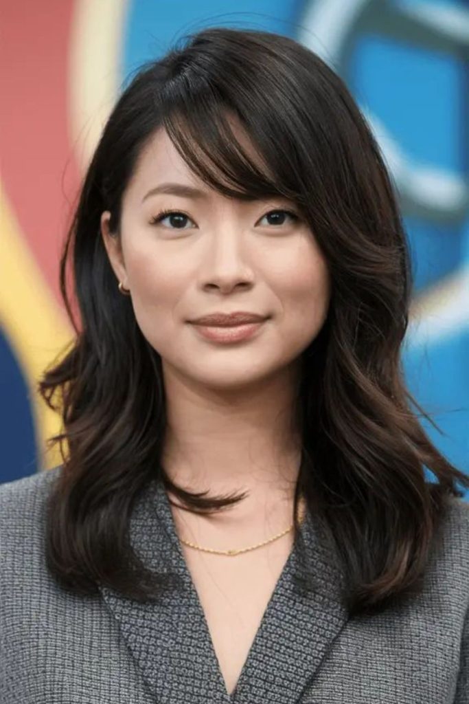 Sleek side-swept bangs for round face