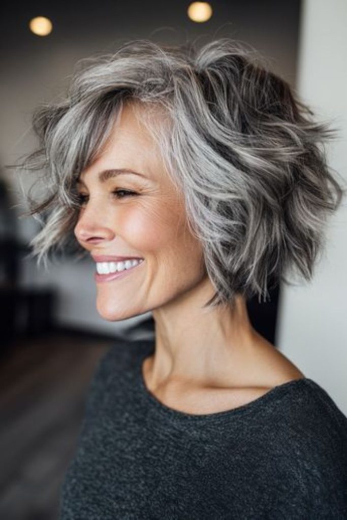 Ash-toned wavy choppy bob hairstyle