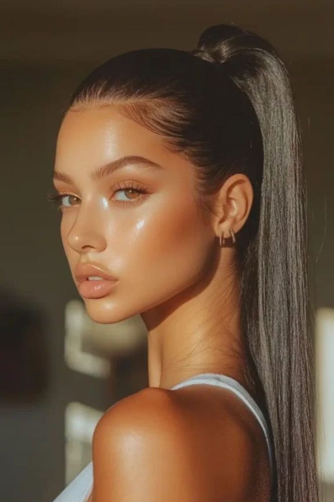 Sleek gelled hair pulled backward sharply.