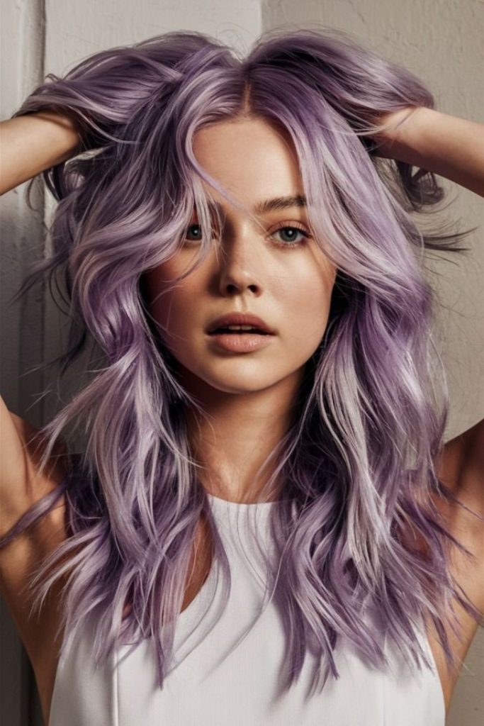 Smokey lilac layered soft textured hairstyle.
