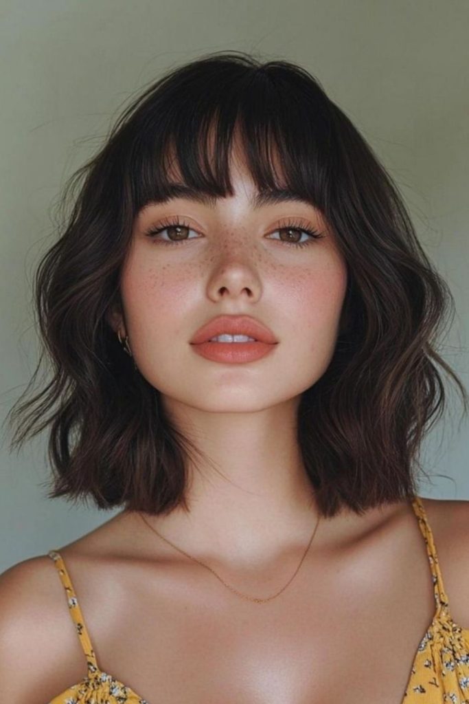 Soft box bangs create structured elegance