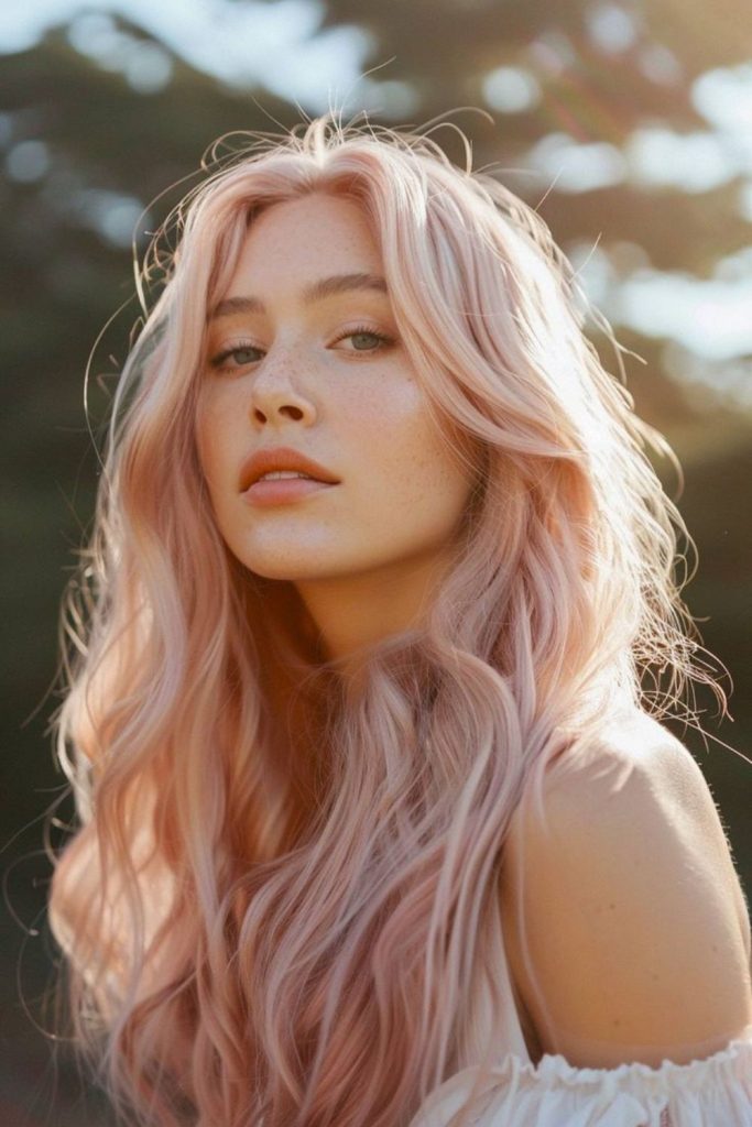 Peachy coral wavy hair flowing naturally.
