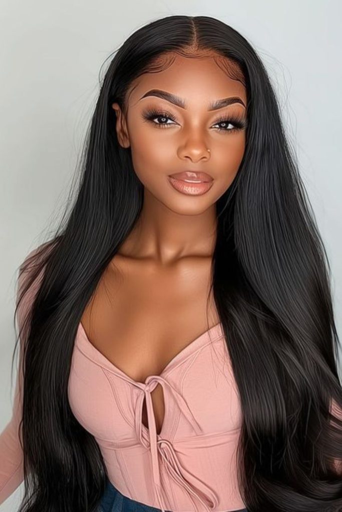 Smooth center-parted straight black hair.