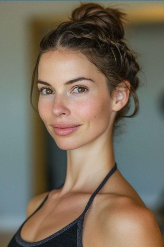 High spiral bun with flying wisps.