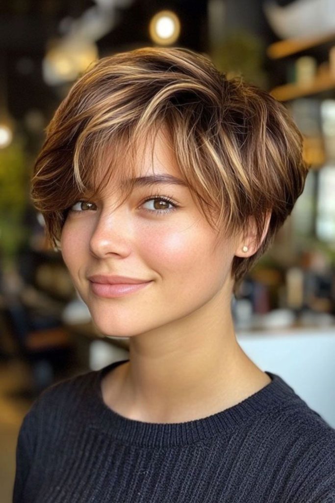 Pixie cut with sunlit honey spikes.