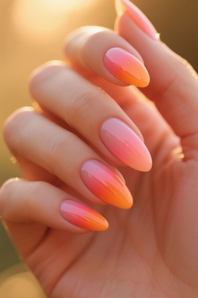 Translucent sunset-colored nails with shine