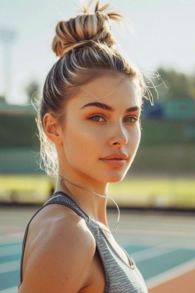 Messy bun women basketball hairstyle