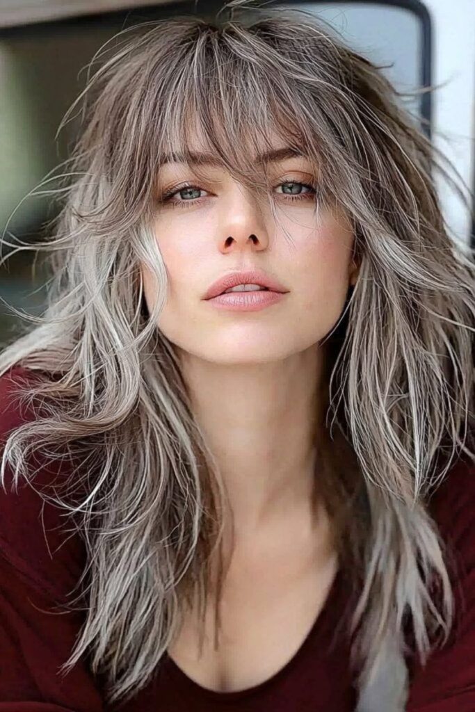 Ash gray layered jagged wolfcut hair.