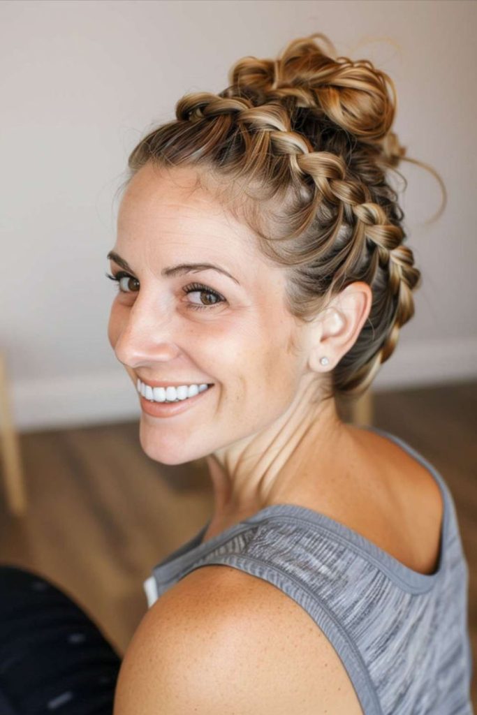 Crown twists forming low nape bun.