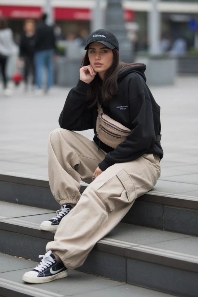 Oversized charcoal hoodie with cargo pants