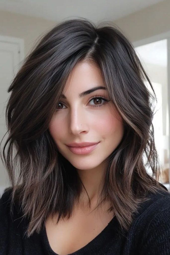 Sleek medium lob with layered depth