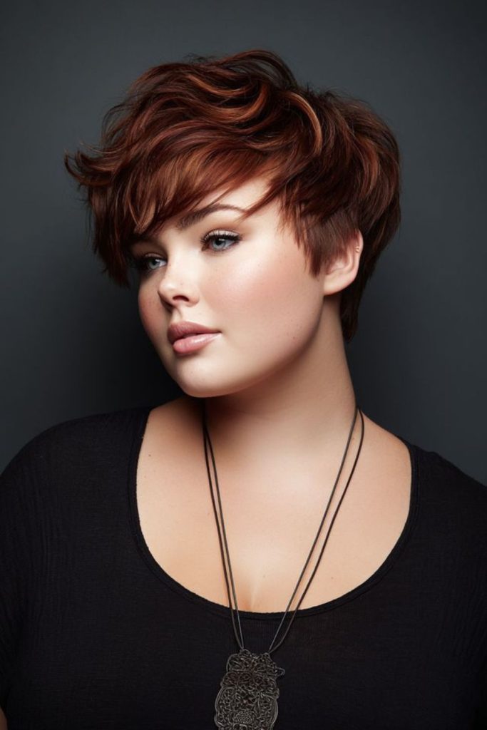 Curved pixie with warm ember tones