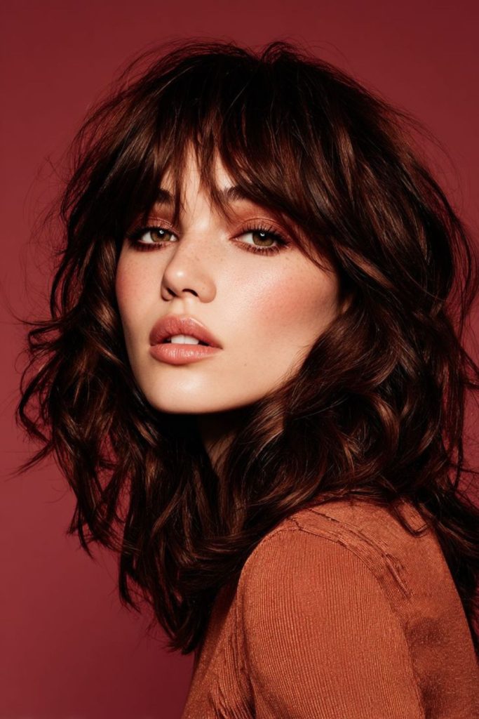 Deep burgundy shoulder-length textured layers