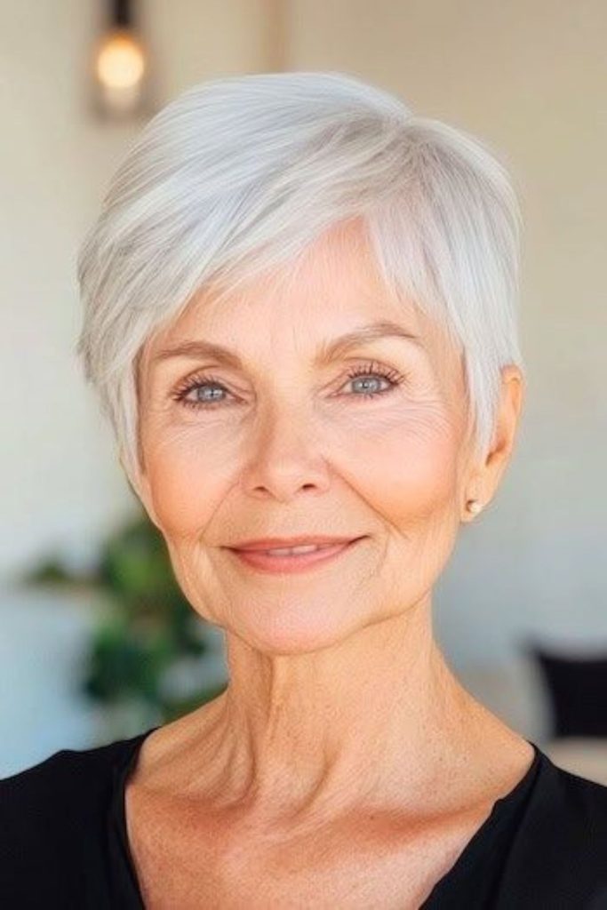 Side fringe gently brushing delicate temples