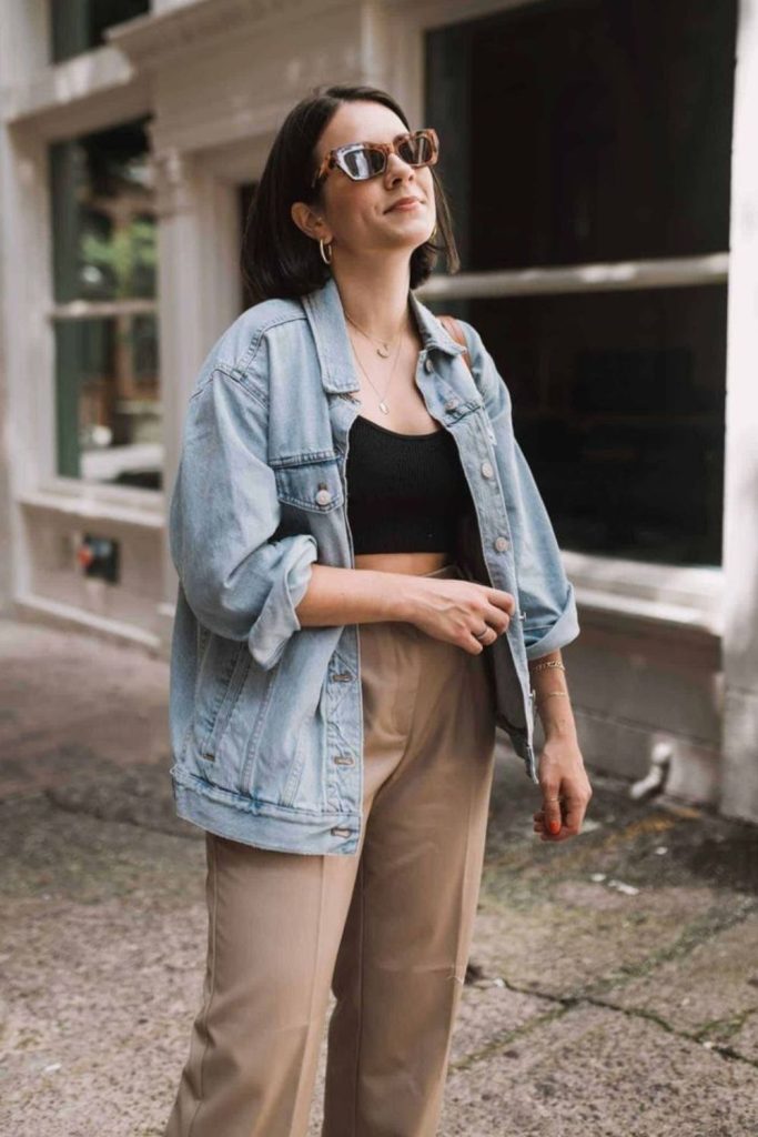 Bleached denim jacket and relaxed trousers
