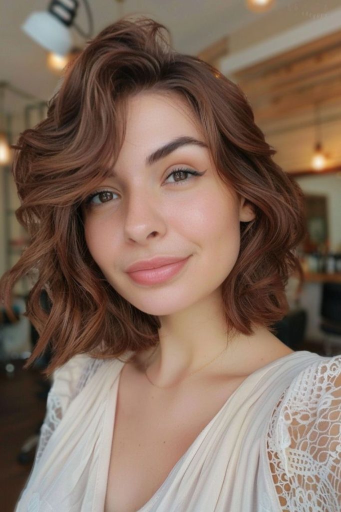 Off-center bob with natural wave movement