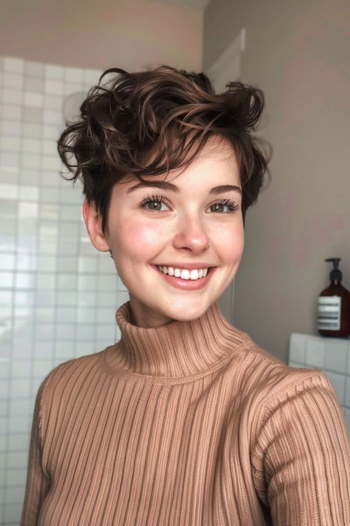 Rainbow-toned layered pixie with luminous motion.