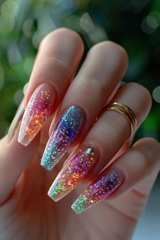 Neon gradient nails with flickering holographic shards.