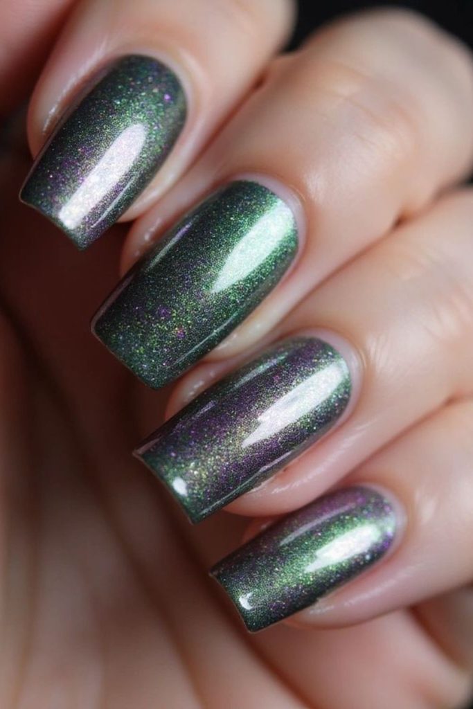 Violet green gradient nails with holographic shimmer.