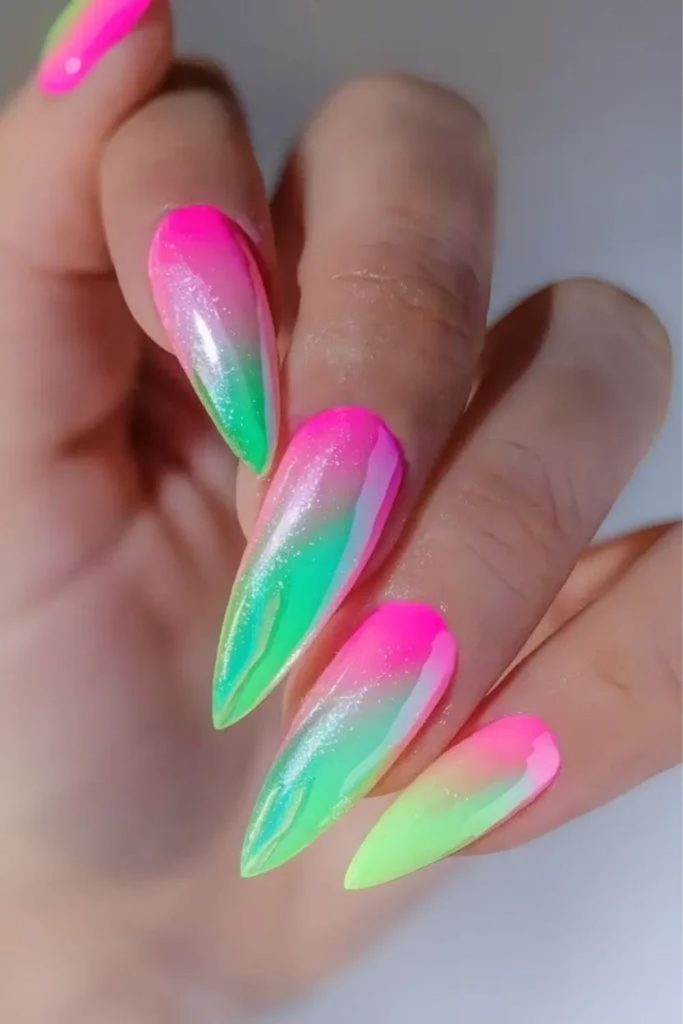 Bright pink and green nails
