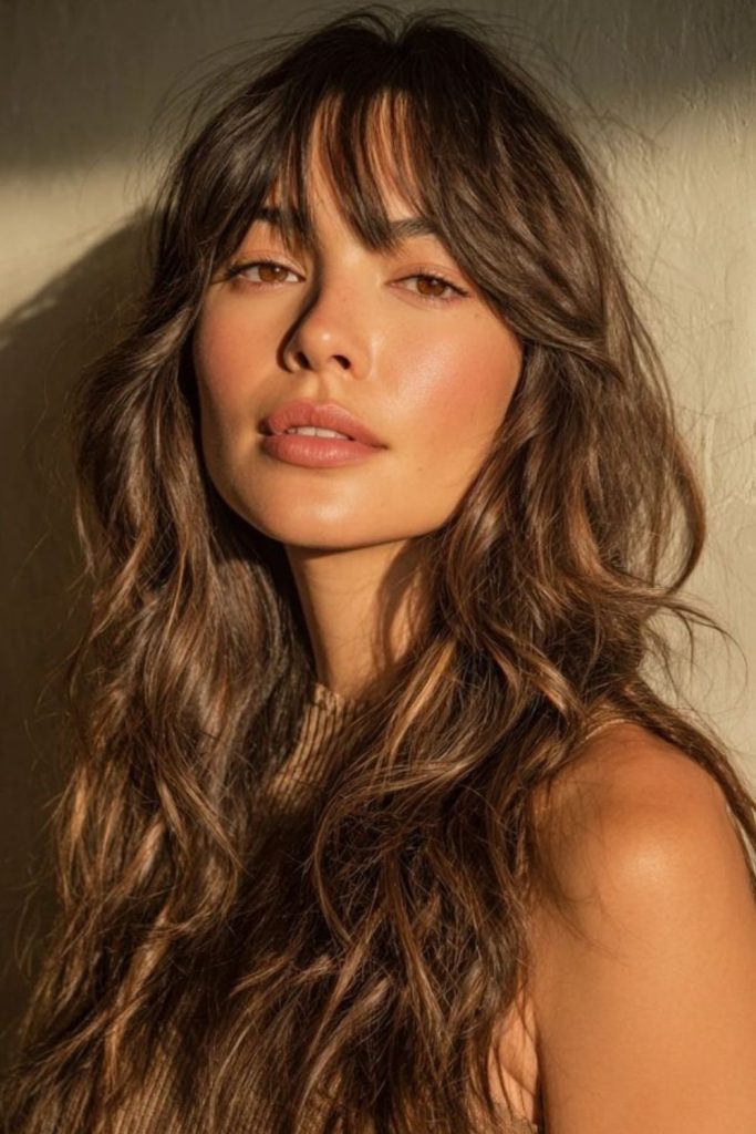 Caramel-highlighted micro bangs soft waves