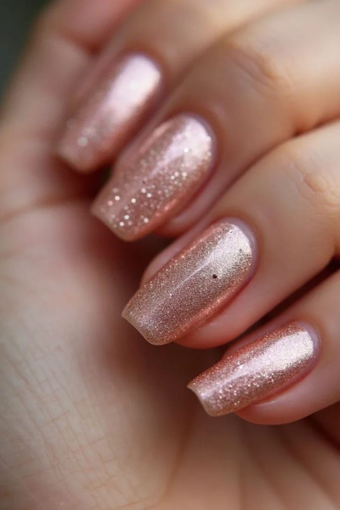 Pink-gold nails with luminous shine.