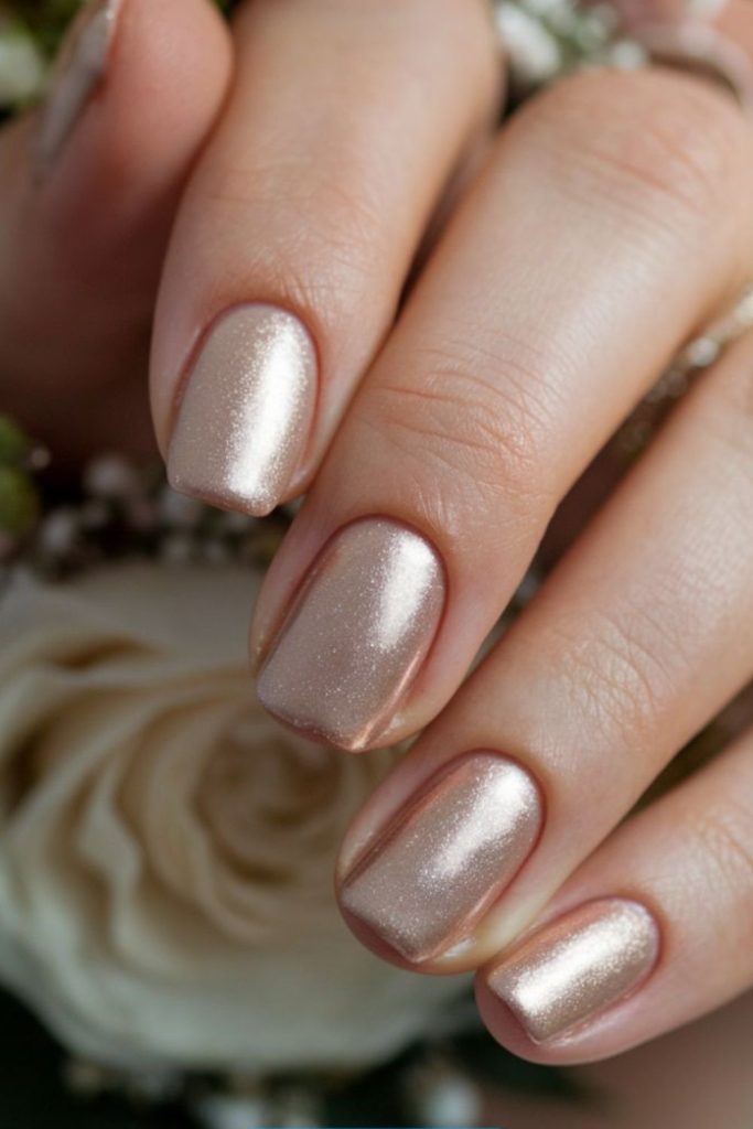 Champagne nude nails with scattered holographic glitter.