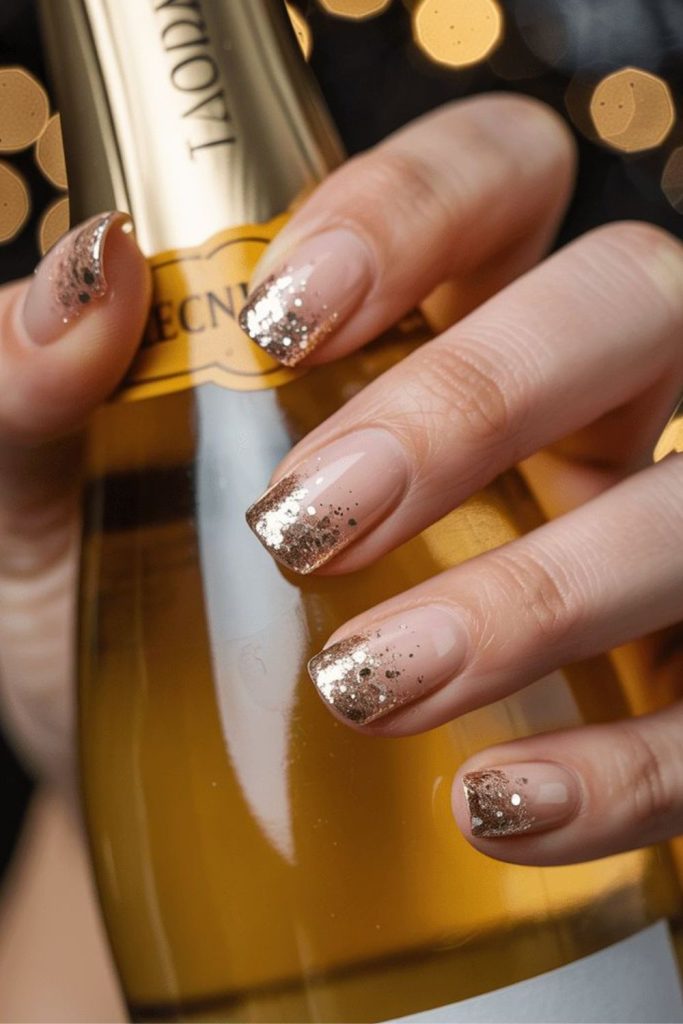 Nude nails with bubbly gold glitter accents.